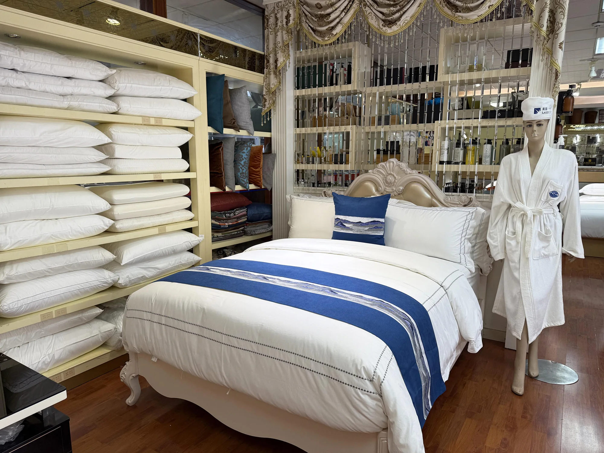 Hotel bedding, pillows, robe and guest supplies in the Guangzhou showroom