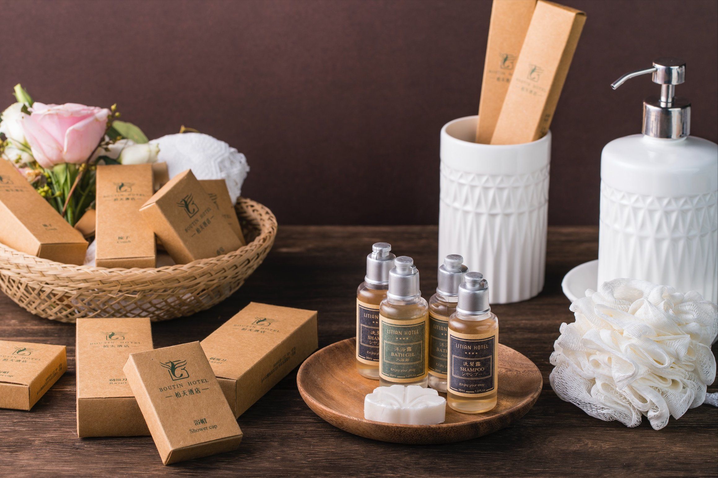 Guest bathroom amenity kits, refillable dispensers and presentation accessories